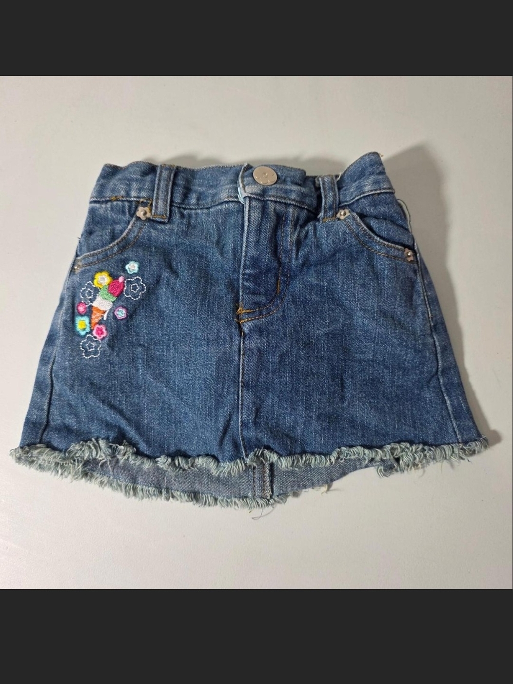 Wonderkids Dark Blue Denim Skirt with Colorful Floral Embroidery